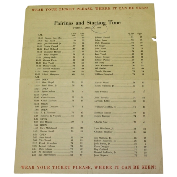 1951 Masters Friday Pairing Sheet - Ben Hogan Winner