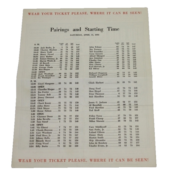 1953 Masters Saturday Pairing Sheet - Ben Hogan's 66 Low Career Round @ Augusta