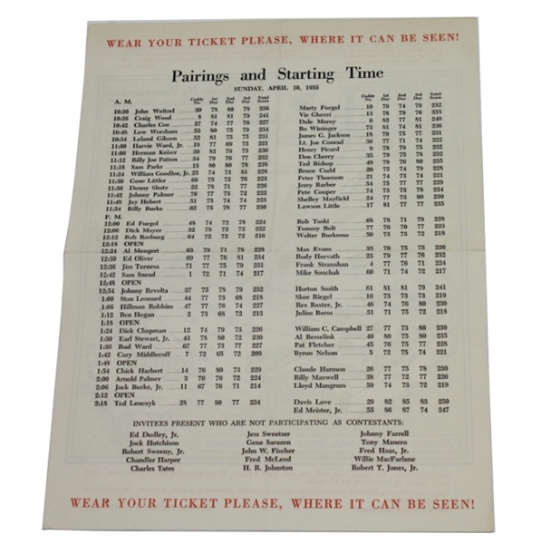 1955 Masters Sunday Pairing Sheet - Cary Middlecoff Winner 