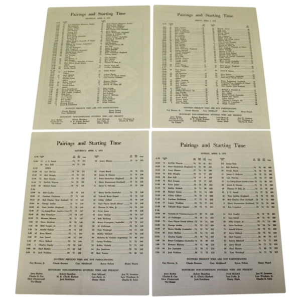 1972 Masters Thur-SUN Pairing Sheets Jack Nicklaus 4th Win @ Augusta National