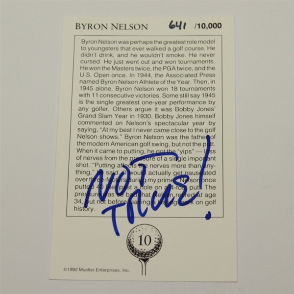 Byron Nelson Signed Mueller 'Lord Byron' LTD Ed Card #641 JSA COA
