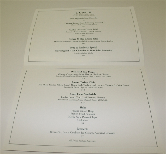 2013 Masters Clubhouse and Patio Augusta National Menu-Depicts Hole 12 Golden Bell