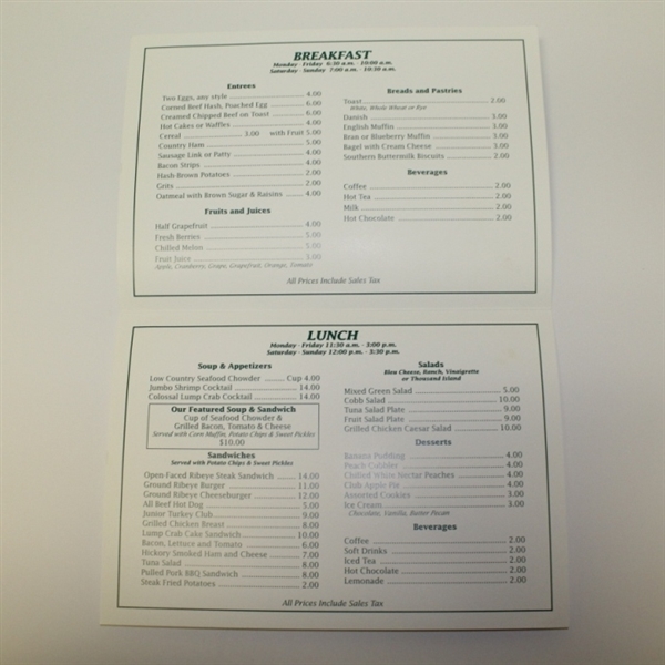 2005 Masters Clubhouse and Patio Augusta National Menu