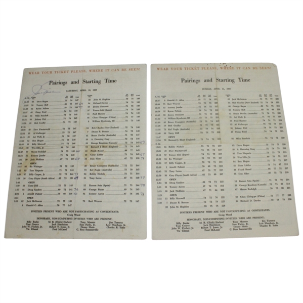 1965 Masters Saturday and Sunday Pairing Sheets -  Sat. Signed By Champ Jack Nicklaus 