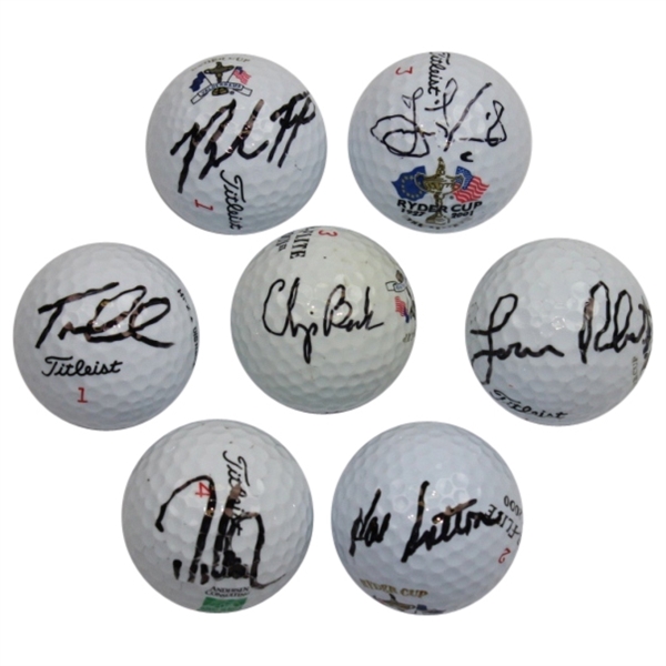 Lot of Seven Signed Ryder Cup Logo Golf Balls JSA COA-Incl Love, Sutton, Faxon Etc.