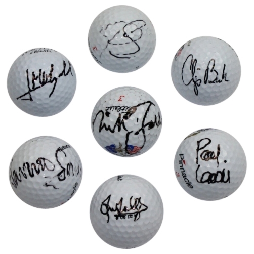 Lot of Seven Signed Ryder Cup Logo Golf Balls Incl. Faldo, Olazabal, Lawrie