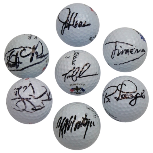 Lot of Seven Signed Ryder Cup Logo Golf Balls incl Montgomerie, Jimenez, Lehman Etc.
