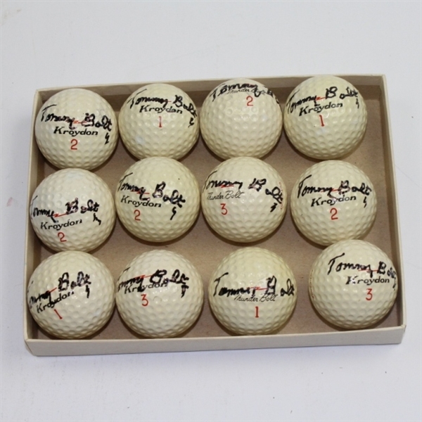 Full Dozen Tommy Bolt Signed 'Kroydon Cut-Proof' Golf Balls Including Box JSA COA