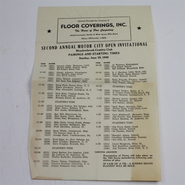 1949 Motor City Open Program & Pairing Sheet - Middlecoff and Mangrum Record  11 Hole Playoff