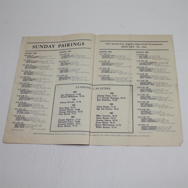 1945 LA Open Tournament  Sunday Pairing Sheet - Sam Snead Winner