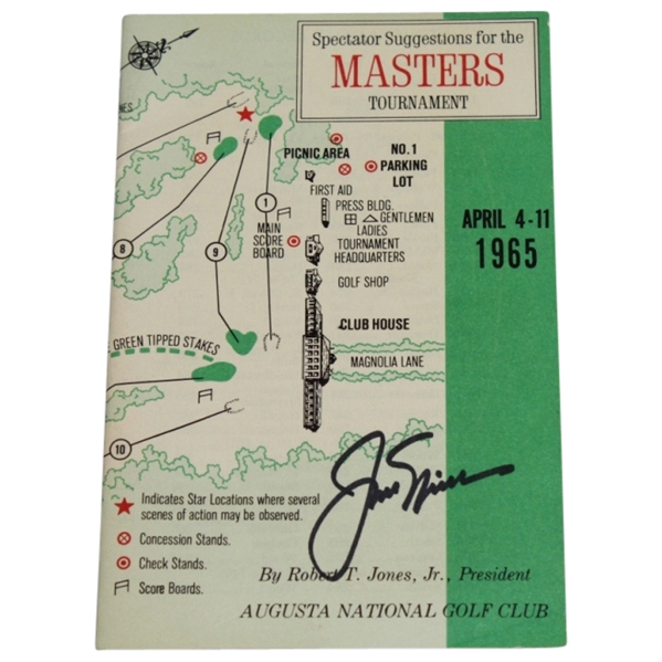 Jack Nicklaus Signed 1965 Masters Spectator Guide-2nd Win @ Augusta JSA COA