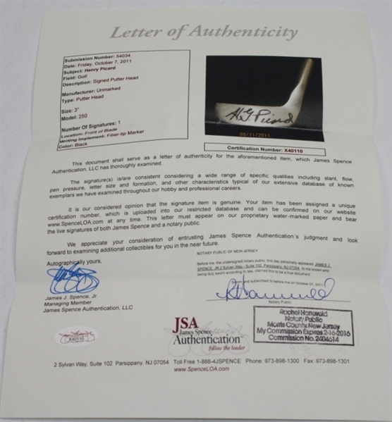 Henry G. Picard(d-1997) Signed Putter Head JSA Full Letter#X40110