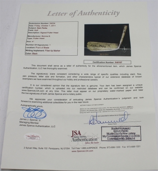 Sam Parks Jr.(d-1997) Signed Putter Head JSA Full Letter #X40107