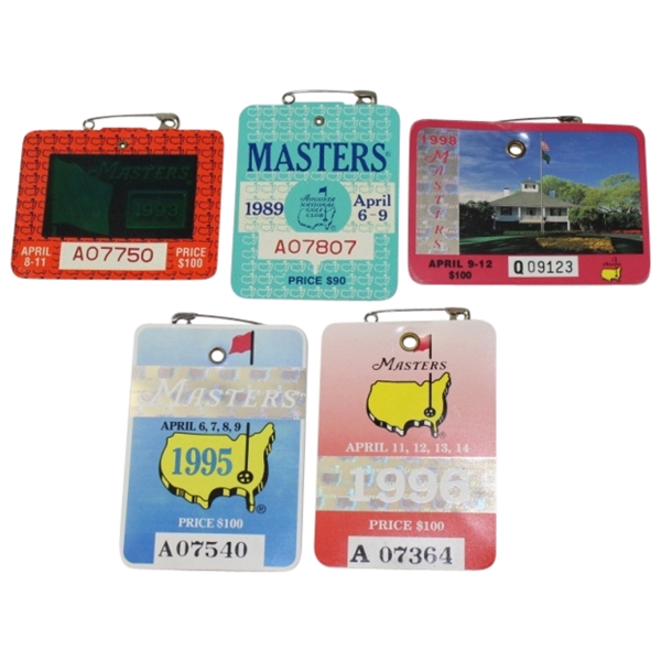 Lot of Five Masters Tournament Badges - 1989, 1993, 1995, 1996, & 1998