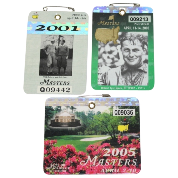 2001, 2002, & 2005 Masters Tournament Badges - Tiger Woods Wins 2nd,3rd & 4th @ Augusta