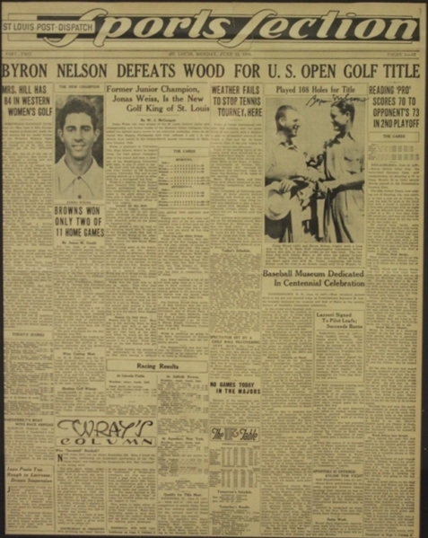 Byron Nelson Signed 1939 St. Louis Post Dispatch Sports Section US Open Victory 