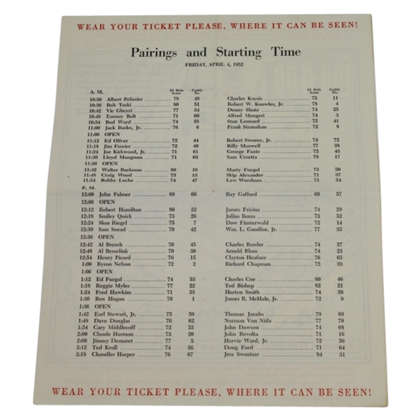 1952 Masters Friday Pairing Sheet - Sam Snead Winner