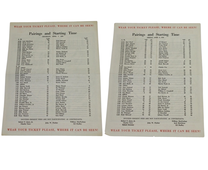 1955 Masters Thursday and Friday Pairing Sheets - Cary Middlecoff Winner