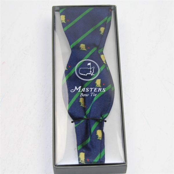 Masters Undated Blue with Logo and Green Stripe Silk Bow Tie 