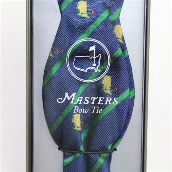 Masters Undated Blue with Logo and Green Stripe Silk Bow Tie 