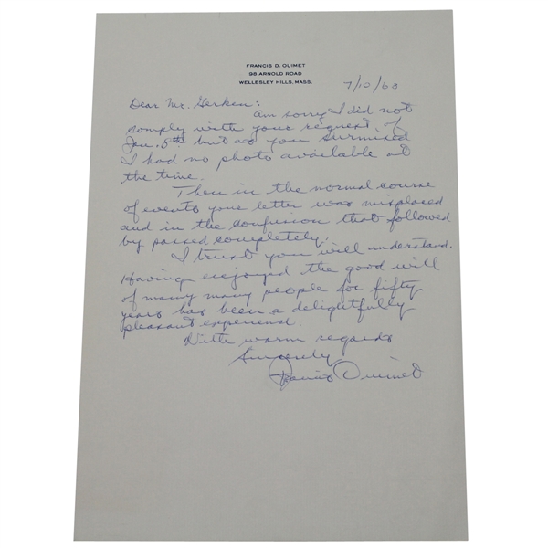 Francis Ouimet Handwritten Letter JSA COA