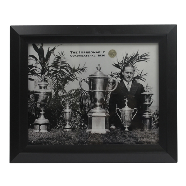 1930 Bobby Jones 'The Impregnable Quadrilateral' Commemorative Framed Picture with 1930 Nickel
