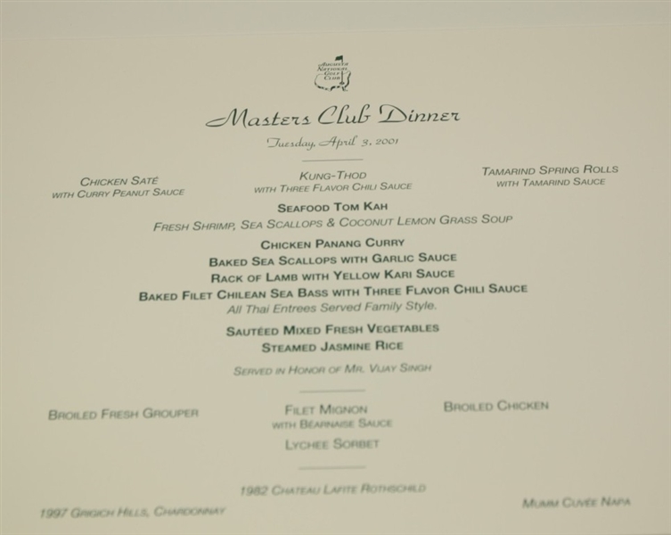 2001 Masters Champions Dinner Menu as Chosen by Vijay Singh