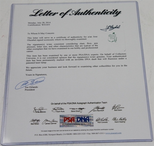 Jose Maria Olazabal Signed Masters Scorecard PSA/DNA #W01455
