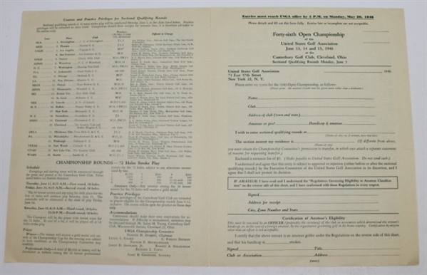 1946 US Open Championship at Canterbury GC Contestant 4 Page Entry Form - Blank
