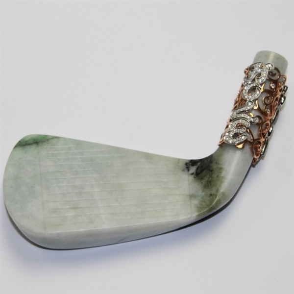 Hand Carved 'Hole-In-One' 4-Iron from Untreated Natural Jadeite Jade w/Sterling Silver and Diamond - Box and GEM ID Report