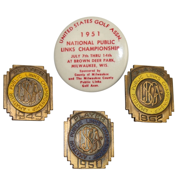 1949, 1950, & 1952 Amateur Public Links Contestant Badges Plus 1951 Badge