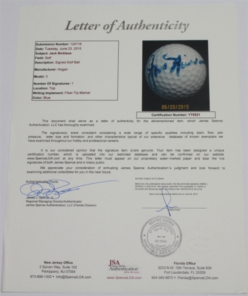 Jack Nicklaus Signed Ben Hogan Brand Golf Ball - FULL JSA #Y75521