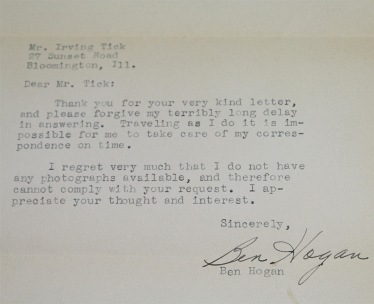 Ben Hogan Signed 1952 Letter with Envelope - During Major Run JSA COA