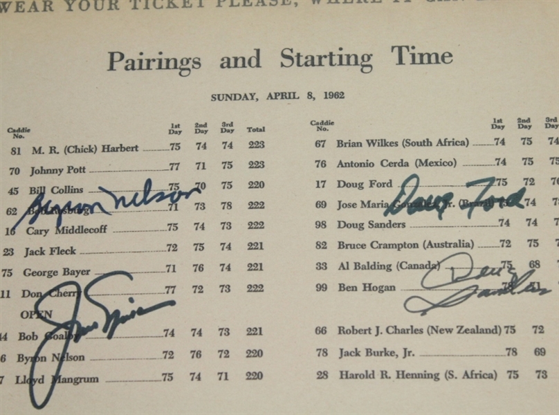 1962 Masters Pairing Page Signed by 11 Golfers - Big 3, Snead, Nelson, plus others