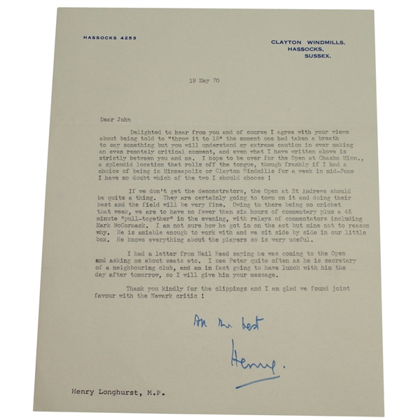 Henry Longhurst Personal Letter Written to Legend John Derr JSA COA