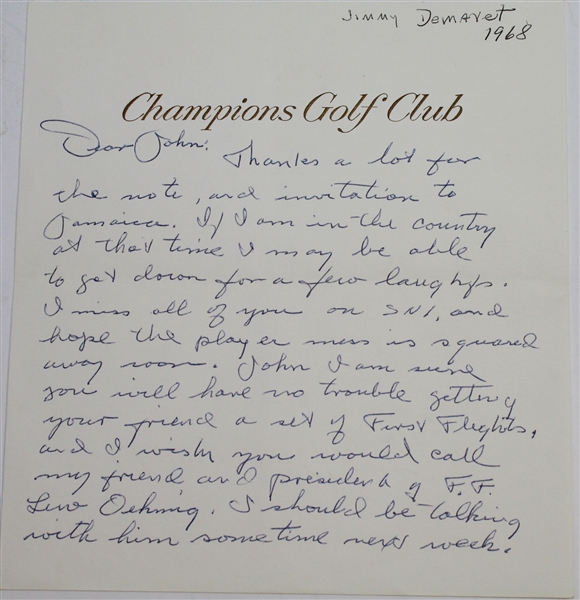 Jimmy Demaret Personal Letter Written to Legend John Derr JSA #Y34348