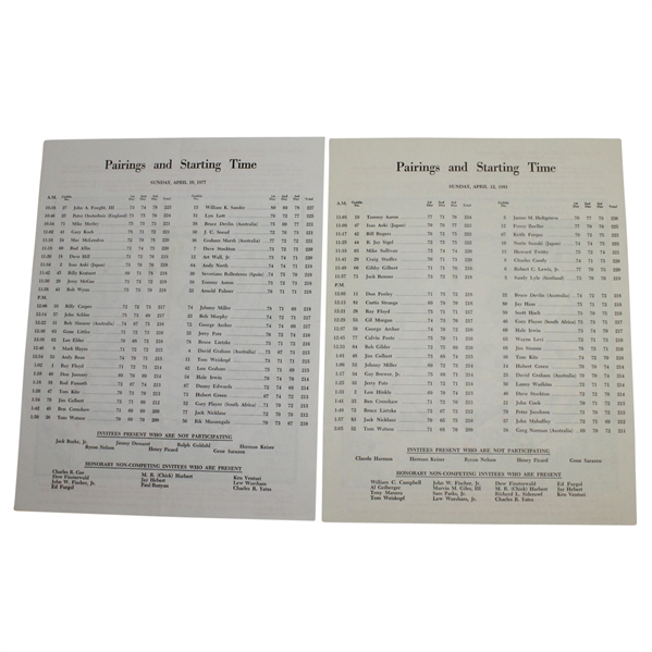 Lot of Two Masters Sunday Pairing Sheets - 1977 & 1981 - Tom Watson Winner