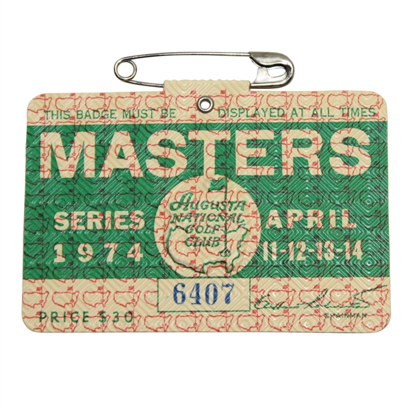 1974 Masters Tournament Badge #6407 - Gary Player 2nd Masters Victory