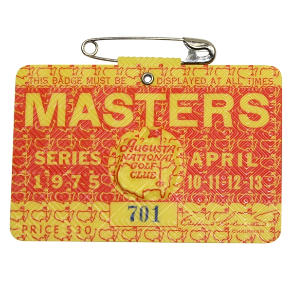 1975 Masters Tournament Badge #701 - Jack Nicklaus 5th Masters Victory