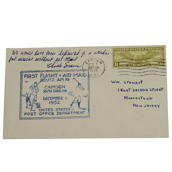 Chick Evans Signed 1932 'First Flight - Air Mail' Cachet with Inscription JSA COA