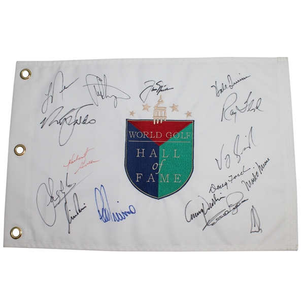Multi-Signed Embroidered World Hall of Fame Flag - Signed by 16 JSA COA