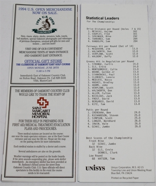 1994 US Open at Oakmont Program, Ticket, Pairing Sheet, Guide, & Computer Analysis