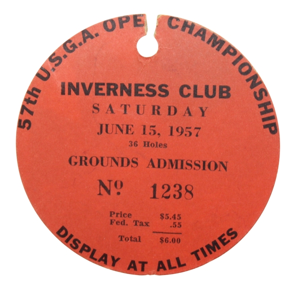 1957 US Open at Inverness Saturday Ticket #1238 - Dick Mayer Winner