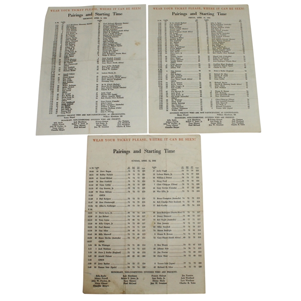 1964 Masters Pairing Sheets - Thursday, Friday, & Sunday