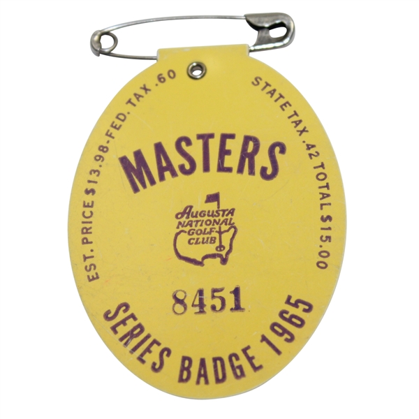 1965 Masters Tournament Badge #8451 - Jack Nicklaus 2nd Masters Victory