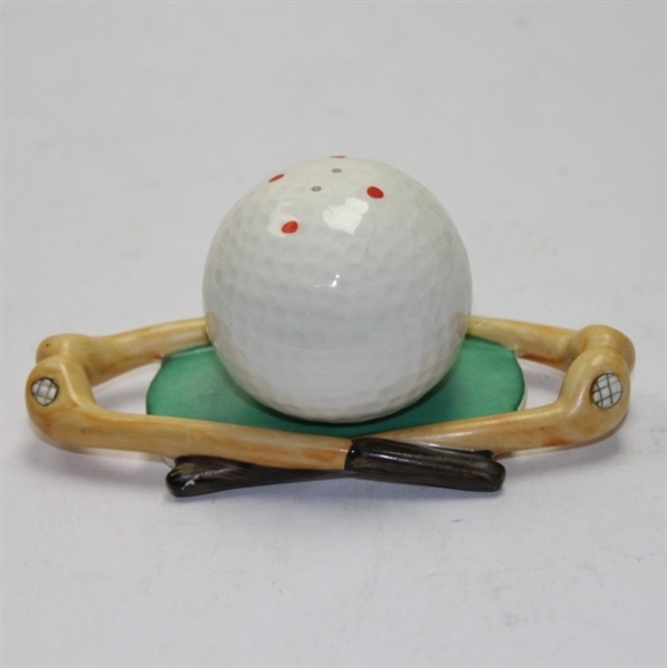 Ceramic Salt/Pepper Shaker Golf Ball Sitting on Two Sets of Crossed Clubs