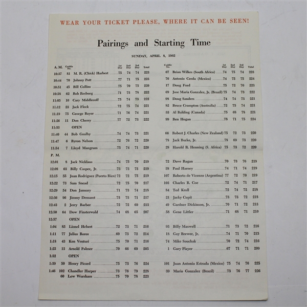 1962 Masters Sunday Pairing Sheet - Palmer Victory