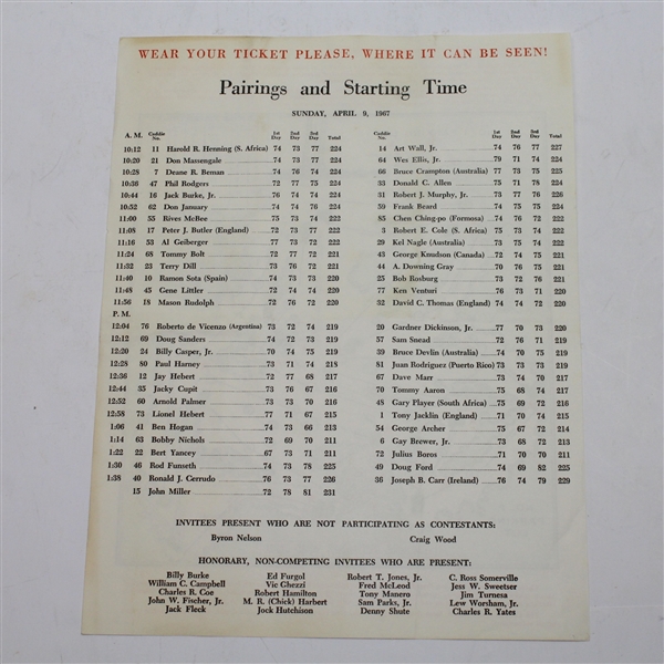 1967 Masters SUNDAY Pairing Sheet - Gay Brewer Winner