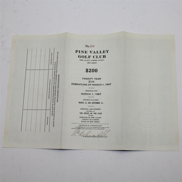 1947 Pine Valley Golf Club Bond Certificate #260 for $200