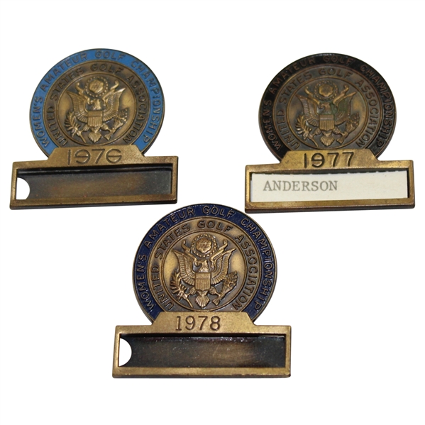 1976, 1977, & 1973 Women's US Amateur Contestants Badges - Horton, Daniel, & Sherk Winners